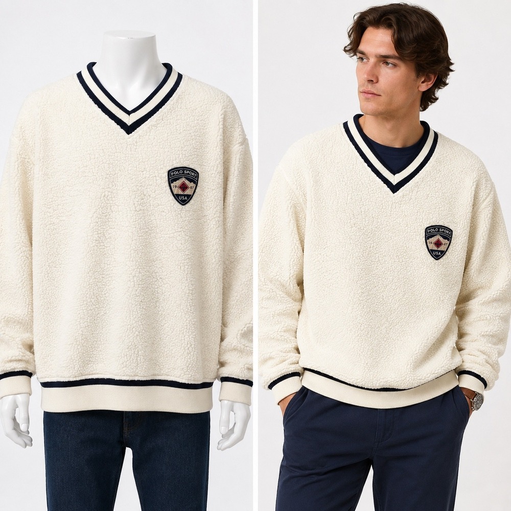 Polo Sport Ralph Lauren Fleece Pullover Mens L Cream V-Neck Sherpa Vintage Rare